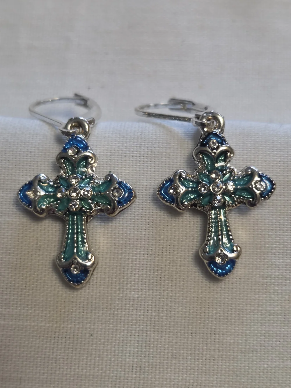 Unsigned Napier Silver-Tone Teal & Blue Cross Drop Earrings